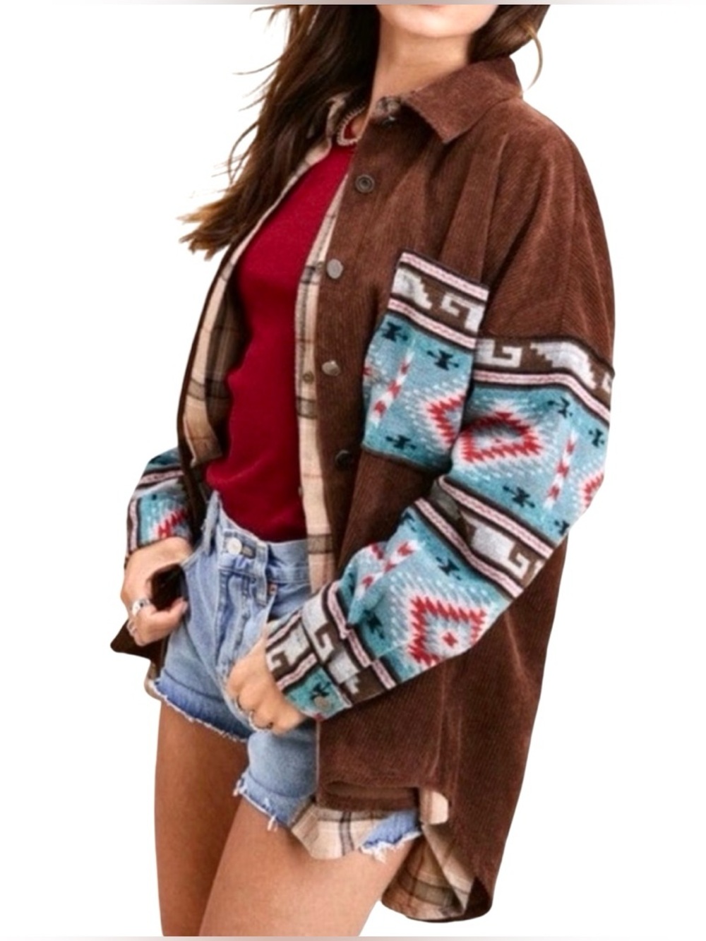 La Miel Brown Corduroy Western Aztec Shacket Size Large